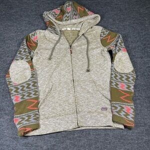 Roxy Womens Full Zip Hoodie Marled Knit Geometric Sleeve Elbow Patch Olive Green